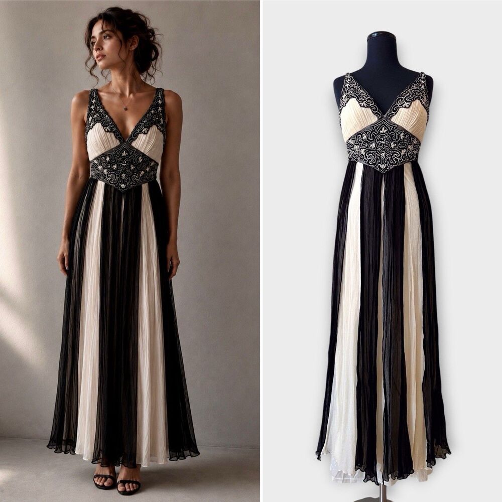 Vintage Y2K Sue Wong Nocturne Silk Beaded Evening Gown 4 Ivory Black Art Deco